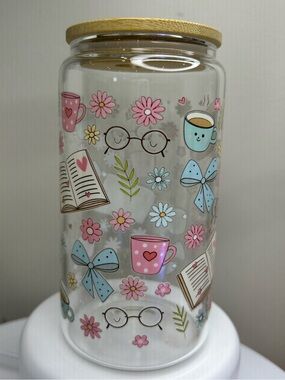 16oz Glass Tumbler with Bamboo Lid and Glass Straw